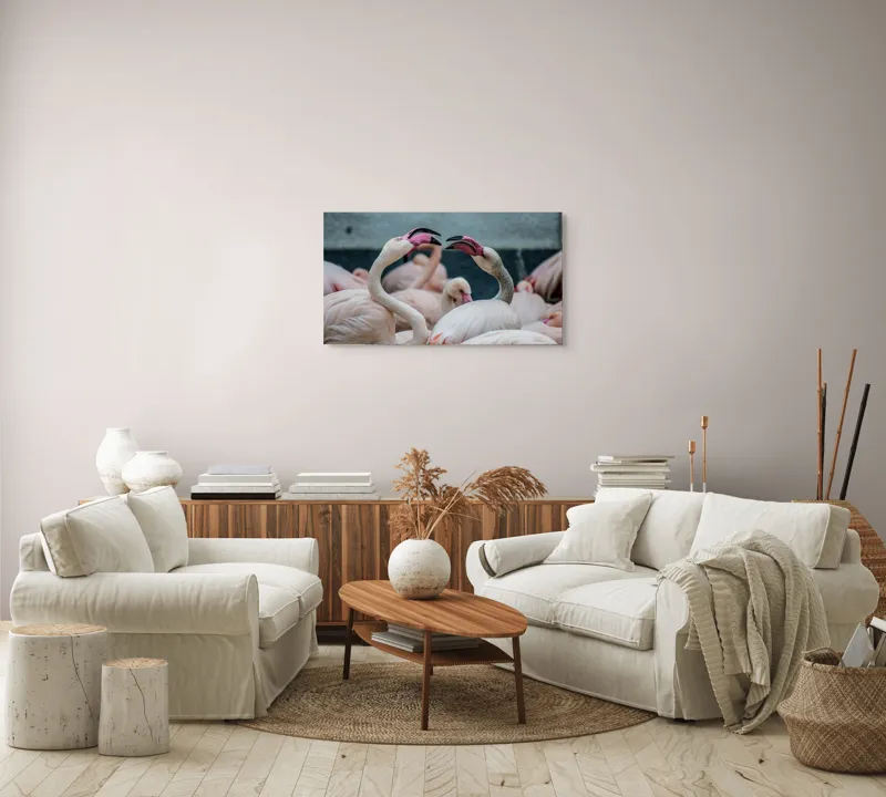 Tablou Canvas, "Flamingo în mijlocul conversației roz", Flamingo, Grație, Eleganță, Roz, Armonie, Natură, Dans, Serenitate, Frumusețe, 90 x 50 cm – poza 4