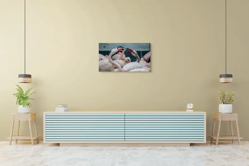 Tablou Canvas, "Flamingo în mijlocul conversației roz", Flamingo, Grație, Eleganță, Roz, Armonie, Natură, Dans, Serenitate, Frumusețe, 90 x 50 cm – poza 5