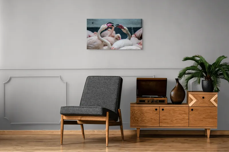 Tablou Canvas, "Flamingo în mijlocul conversației roz", Flamingo, Grație, Eleganță, Roz, Armonie, Natură, Dans, Serenitate, Frumusețe, 90 x 50 cm – poza 6