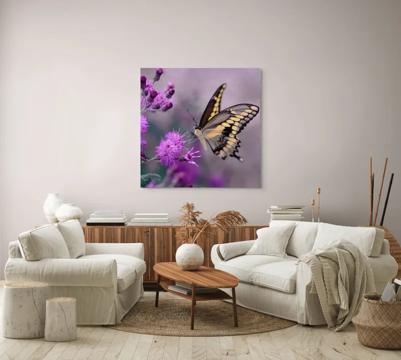Tablou Canvas, "Fluture grațios pe flori mov", Fluture, Flori, Mov, Delicatețe, Natură, Fragilitate, Culoare, Aripi, Seninătate, Contrast, 100 x 100 cm – poza 3