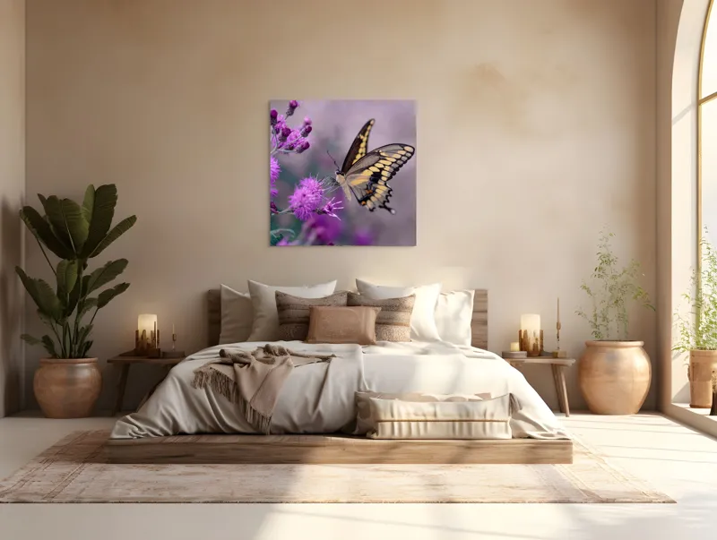 Tablou Canvas, "Fluture grațios pe flori mov", Fluture, Flori, Mov, Delicatețe, Natură, Fragilitate, Culoare, Aripi, Seninătate, Contrast, 100 x 100 cm – poza 4