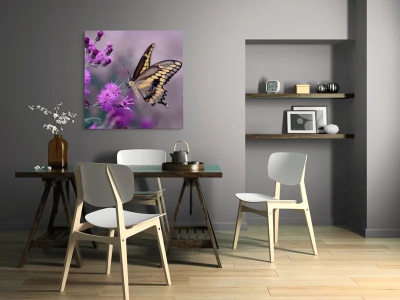 Tablou Canvas, "Fluture grațios pe flori mov", Fluture, Flori, Mov, Delicatețe, Natură, Fragilitate, Culoare, Aripi, Seninătate, Contrast, 100 x 100 cm – poza 6