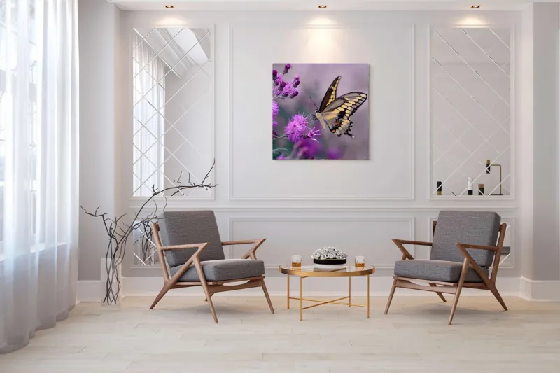 Tablou Canvas, "Fluture grațios pe flori mov", Fluture, Flori, Mov, Delicatețe, Natură, Fragilitate, Culoare, Aripi, Seninătate, Contrast, 100 x 100 cm – poza 7