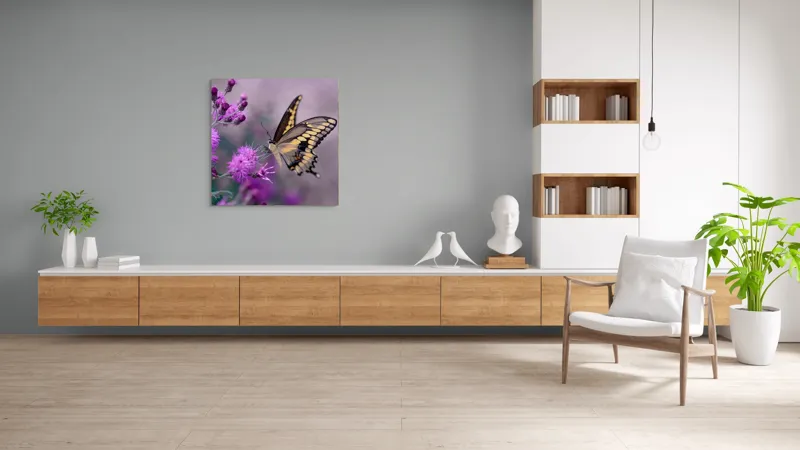 Tablou Canvas, "Fluture grațios pe flori mov", Fluture, Flori, Mov, Delicatețe, Natură, Fragilitate, Culoare, Aripi, Seninătate, Contrast, 100 x 100 cm – poza 8
