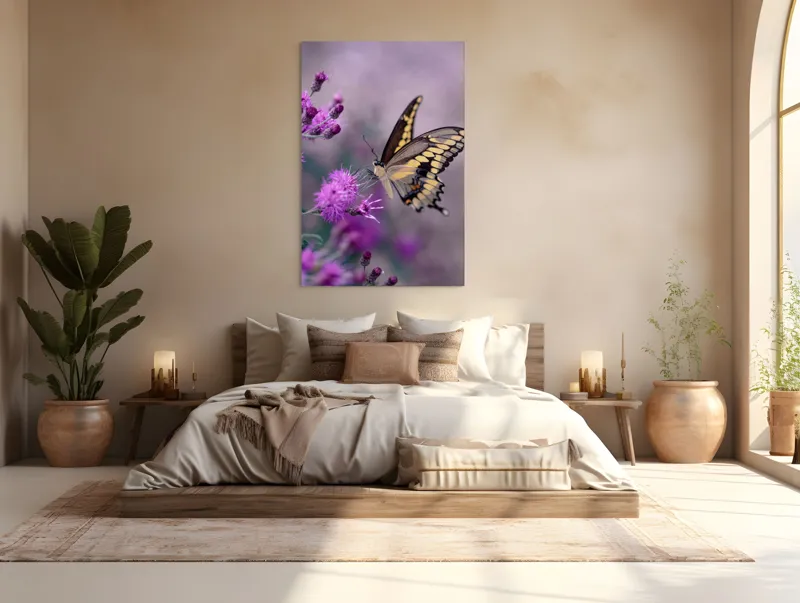 Tablou Canvas, "Fluture grațios pe flori mov", Fluture, Flori, Mov, Delicatețe, Natură, Fragilitate, Culoare, Aripi, Seninătate, Contrast, 100 x 150 cm – poza 3