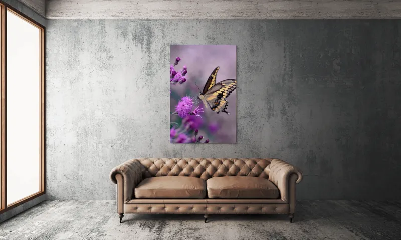 Tablou Canvas, "Fluture grațios pe flori mov", Fluture, Flori, Mov, Delicatețe, Natură, Fragilitate, Culoare, Aripi, Seninătate, Contrast, 100 x 150 cm – poza 6