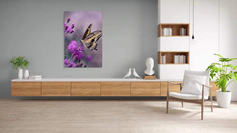 Tablou Canvas, "Fluture grațios pe flori mov", Fluture, Flori, Mov, Delicatețe, Natură, Fragilitate, Culoare, Aripi, Seninătate, Contrast, 100 x 150 cm – poza 8