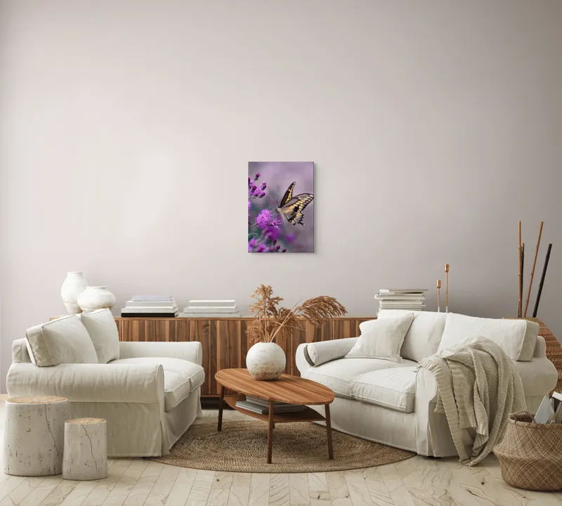 Tablou Canvas, "Fluture grațios pe flori mov", Fluture, Flori, Mov, Delicatețe, Natură, Fragilitate, Culoare, Aripi, Seninătate, Contrast, 39 x 54 cm – poza 5