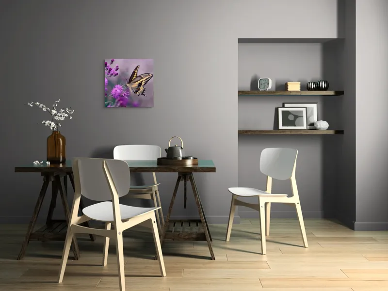 Tablou Canvas, "Fluture grațios pe flori mov", Fluture, Flori, Mov, Delicatețe, Natură, Fragilitate, Culoare, Aripi, Seninătate, Contrast, 50 x 50 cm – poza 8