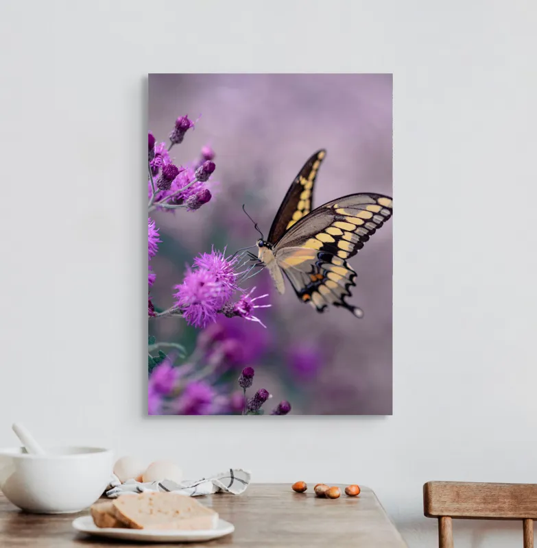 Tablou Canvas, "Fluture grațios pe flori mov", Fluture, Flori, Mov, Delicatețe, Natură, Fragilitate, Culoare, Aripi, Seninătate, Contrast, 50 x 70 cm – poza 3