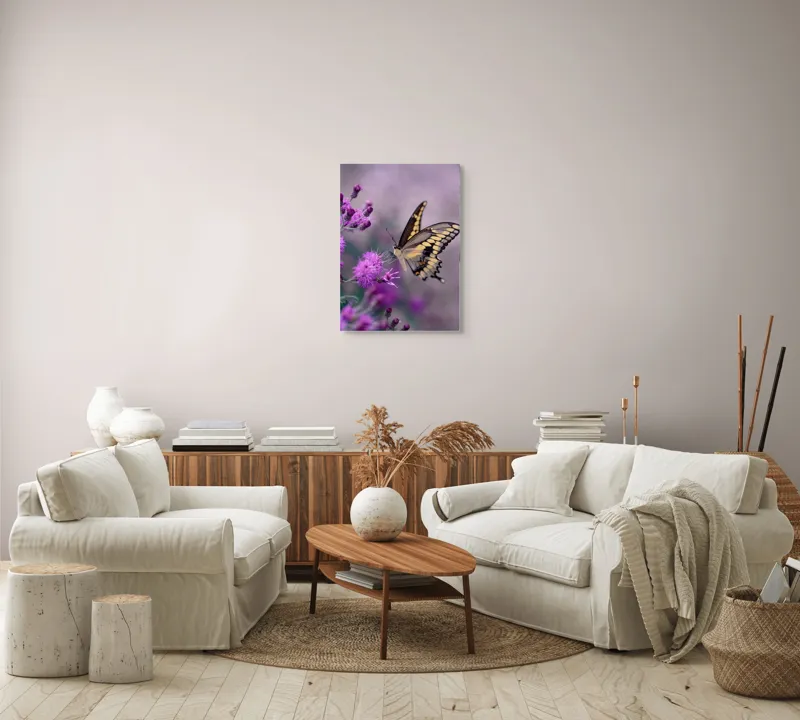 Tablou Canvas, "Fluture grațios pe flori mov", Fluture, Flori, Mov, Delicatețe, Natură, Fragilitate, Culoare, Aripi, Seninătate, Contrast, 50 x 70 cm – poza 4