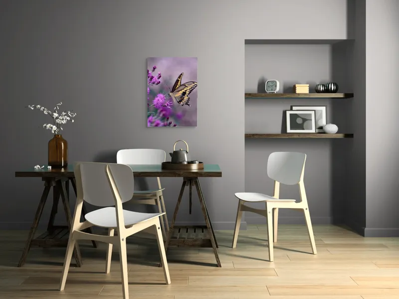 Tablou Canvas, "Fluture grațios pe flori mov", Fluture, Flori, Mov, Delicatețe, Natură, Fragilitate, Culoare, Aripi, Seninătate, Contrast, 50 x 70 cm – poza 5