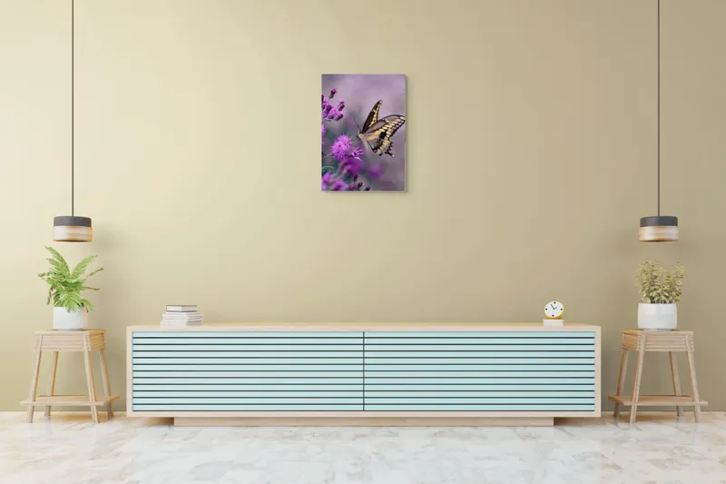 Tablou Canvas, "Fluture grațios pe flori mov", Fluture, Flori, Mov, Delicatețe, Natură, Fragilitate, Culoare, Aripi, Seninătate, Contrast, 50 x 70 cm – poza 6