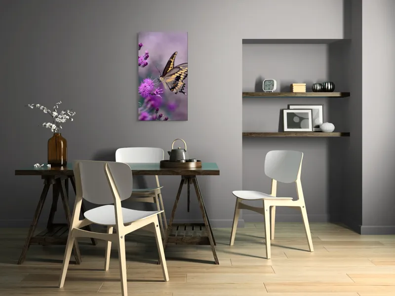 Tablou Canvas, "Fluture grațios pe flori mov", Fluture, Flori, Mov, Delicatețe, Natură, Fragilitate, Culoare, Aripi, Seninătate, Contrast, 50 x 90 cm – poza 4