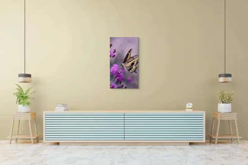 Tablou Canvas, "Fluture grațios pe flori mov", Fluture, Flori, Mov, Delicatețe, Natură, Fragilitate, Culoare, Aripi, Seninătate, Contrast, 50 x 90 cm – poza 6