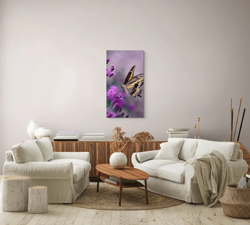 Tablou Canvas, "Fluture grațios pe flori mov", Fluture, Flori, Mov, Delicatețe, Natură, Fragilitate, Culoare, Aripi, Seninătate, Contrast, 50 x 90 cm – poza 7
