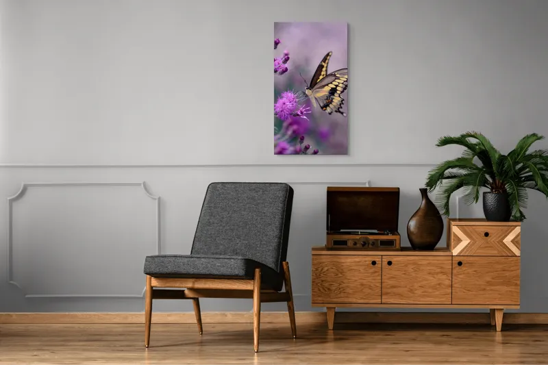 Tablou Canvas, "Fluture grațios pe flori mov", Fluture, Flori, Mov, Delicatețe, Natură, Fragilitate, Culoare, Aripi, Seninătate, Contrast, 50 x 90 cm – poza 8