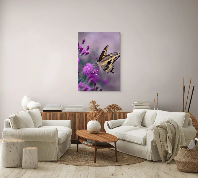 Tablou Canvas, "Fluture grațios pe flori mov", Fluture, Flori, Mov, Delicatețe, Natură, Fragilitate, Culoare, Aripi, Seninătate, Contrast, 70 x 100 cm – poza 4