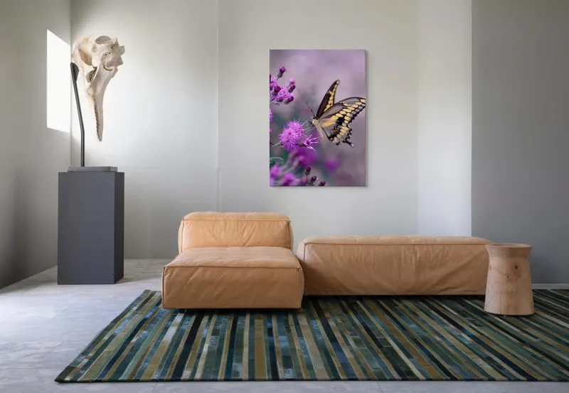 Tablou Canvas, "Fluture grațios pe flori mov", Fluture, Flori, Mov, Delicatețe, Natură, Fragilitate, Culoare, Aripi, Seninătate, Contrast, 70 x 100 cm – poza 7