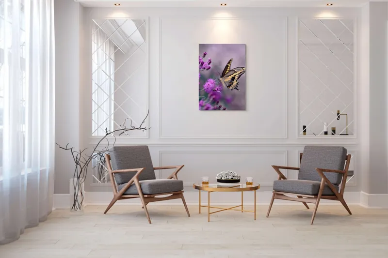 Tablou Canvas, "Fluture grațios pe flori mov", Fluture, Flori, Mov, Delicatețe, Natură, Fragilitate, Culoare, Aripi, Seninătate, Contrast, 70 x 100 cm – poza 8