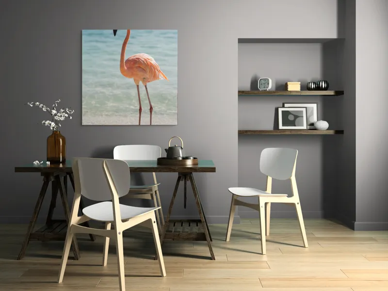 Tablou Canvas, "Flamingo elegant pe malul mării", Flamingo, Plajă, Apă, Cer, Nisip, Eleganță, Tranquilitate, Roz, Natură, 100 x 100 cm – poza 6