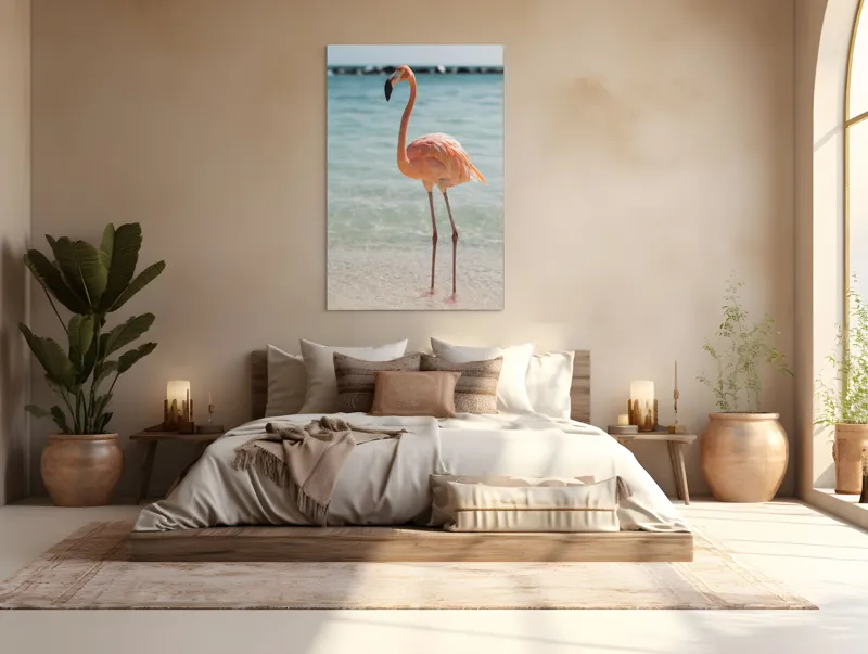 Tablou Canvas, "Flamingo elegant pe malul mării", Flamingo, Plajă, Apă, Cer, Nisip, Eleganță, Tranquilitate, Roz, Natură, 100 x 150 cm – poza 3