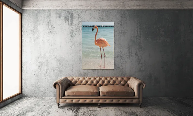 Tablou Canvas, "Flamingo elegant pe malul mării", Flamingo, Plajă, Apă, Cer, Nisip, Eleganță, Tranquilitate, Roz, Natură, 100 x 150 cm – poza 6
