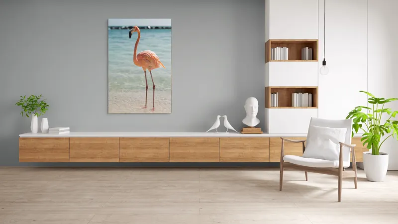 Tablou Canvas, "Flamingo elegant pe malul mării", Flamingo, Plajă, Apă, Cer, Nisip, Eleganță, Tranquilitate, Roz, Natură, 100 x 150 cm – poza 8