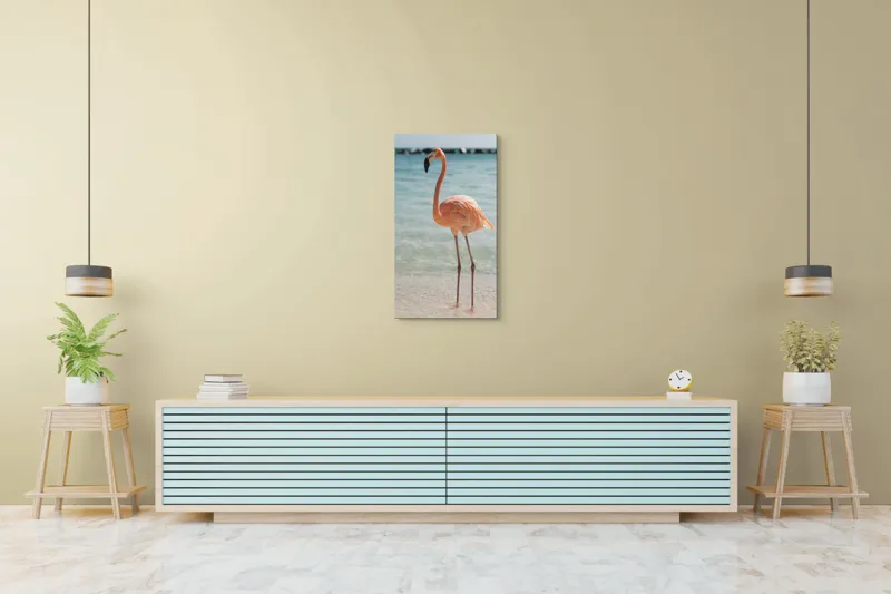 Tablou Canvas, "Flamingo elegant pe malul mării", Flamingo, Plajă, Apă, Cer, Nisip, Eleganță, Tranquilitate, Roz, Natură, 50 x 90 cm – poza 6