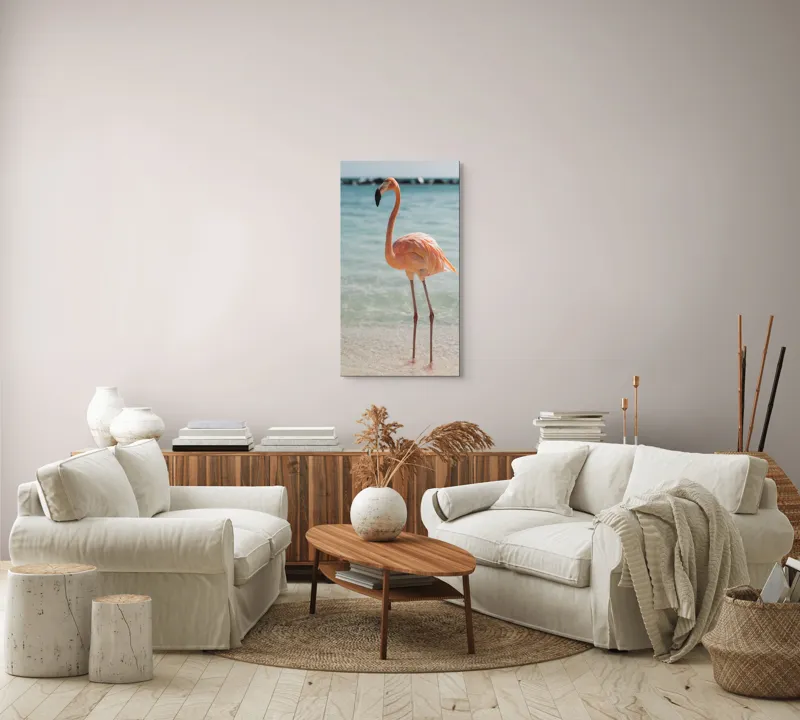 Tablou Canvas, "Flamingo elegant pe malul mării", Flamingo, Plajă, Apă, Cer, Nisip, Eleganță, Tranquilitate, Roz, Natură, 50 x 90 cm – poza 7