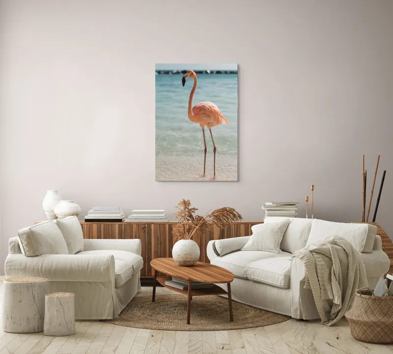 Tablou Canvas, "Flamingo elegant pe malul mării", Flamingo, Plajă, Apă, Cer, Nisip, Eleganță, Tranquilitate, Roz, Natură, 70 x 100 cm – poza 4