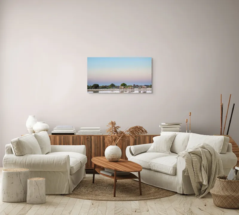 Tablou Canvas, "Elefanți traversând oglinda apelor dimineții", Elefanți, Apus, Apă, Serenitate, Natură, Reflecție, Culoare, Călătorie, 90 x 50 cm – poza 4