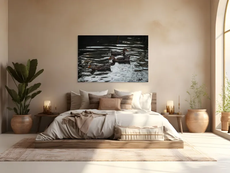Tablou Canvas, "Rațe plutind pe lac în amurg", Rațe, Apă, Reflecții, Înot, Natură, Armonie, Liniște, 150 x 100 cm – poza 4