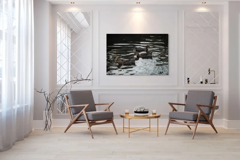 Tablou Canvas, "Rațe plutind pe lac în amurg", Rațe, Apă, Reflecții, Înot, Natură, Armonie, Liniște, 150 x 100 cm – poza 7