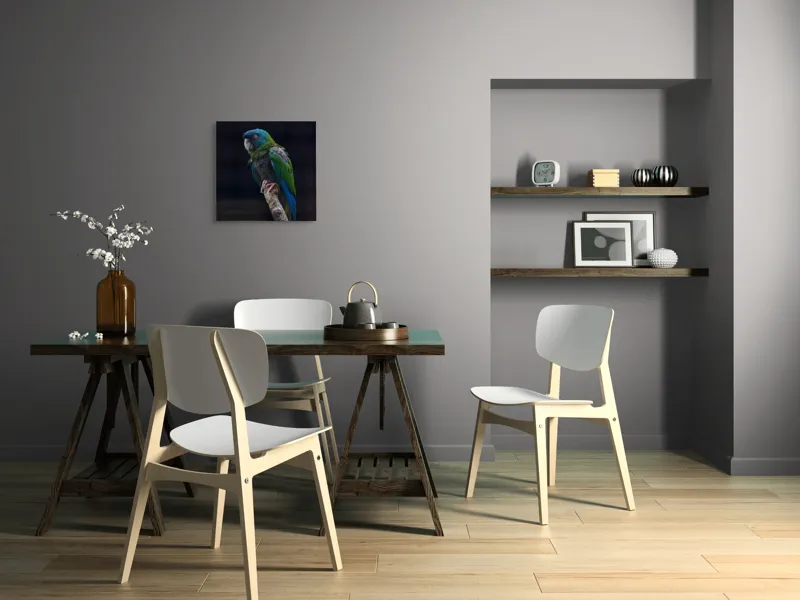 Tablou Canvas, "Papagalul în așteptarea zborului liber", Pasăre, Papagal, Colorat, Ramură, Verde, Albastru, Pene, Cioc, Ochi, Ghemuit, Contrast, Detaliu, Tăcut, Natural., 50 x 50 cm – poza 8