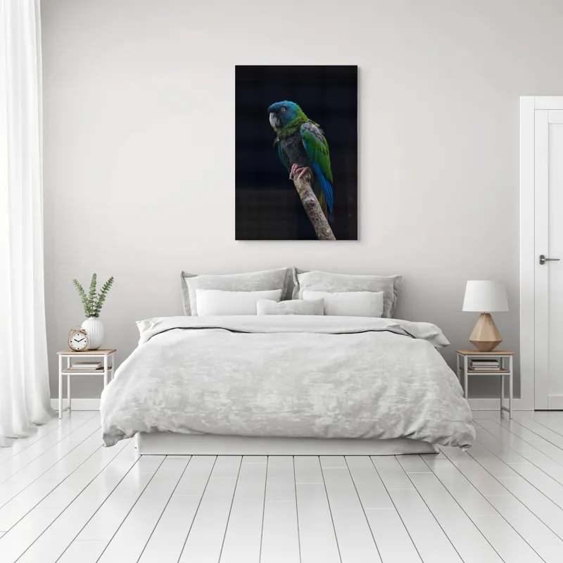 Tablou Canvas, "Papagalul în așteptarea zborului liber", Pasăre, Papagal, Colorat, Ramură, Verde, Albastru, Pene, Cioc, Ochi, Ghemuit, Contrast, Detaliu, Tăcut, Natural., 70 x 100 cm – poza 3