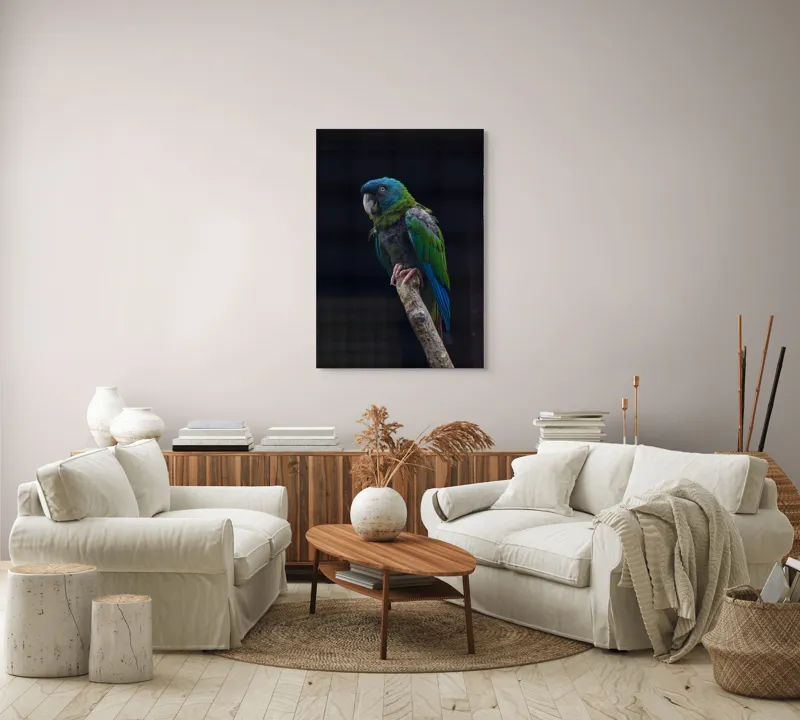 Tablou Canvas, "Papagalul în așteptarea zborului liber", Pasăre, Papagal, Colorat, Ramură, Verde, Albastru, Pene, Cioc, Ochi, Ghemuit, Contrast, Detaliu, Tăcut, Natural., 70 x 100 cm – poza 4