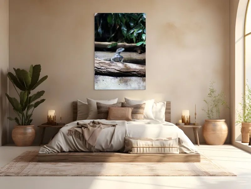 Tablou Canvas, "Sopârla stăpână pe teritoriul ei", Șopârlă, Ramură, Frunze, Natură, Tropical, Verde, Habitat, Scalare, 100 x 150 cm – poza 3
