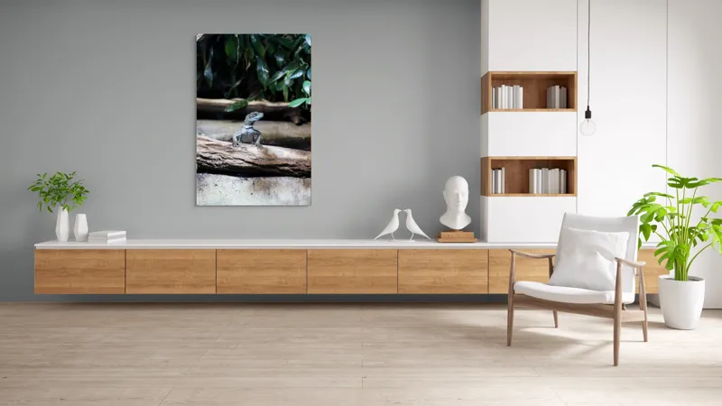 Tablou Canvas, "Sopârla stăpână pe teritoriul ei", Șopârlă, Ramură, Frunze, Natură, Tropical, Verde, Habitat, Scalare, 100 x 150 cm – poza 8