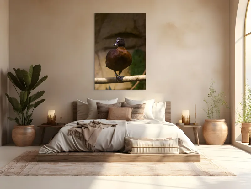 Tablou Canvas, "O rață pe o creangă uscată", Rață, Lemn, Penaj, Maro, Ochii, Strălucitori, Fundal, Natural, Postură, Echipament, 100 x 150 cm – poza 3