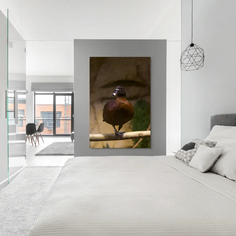 Tablou Canvas, "O rață pe o creangă uscată", Rață, Lemn, Penaj, Maro, Ochii, Strălucitori, Fundal, Natural, Postură, Echipament, 100 x 150 cm – poza 5