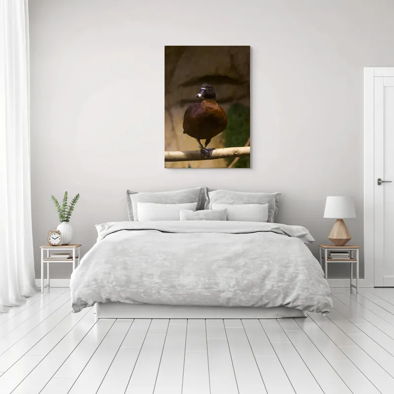 Tablou Canvas, "O rață pe o creangă uscată", Rață, Lemn, Penaj, Maro, Ochii, Strălucitori, Fundal, Natural, Postură, Echipament, 70 x 100 cm – poza 3