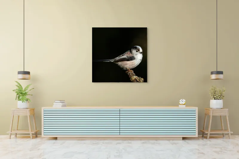Tablou Canvas, "Mică pasăre pe o creangă uscată", Pene, Pasăre, Ramură, Întuneric, Delicat, Natură, Zbor, Contrast, Liniște, Fragilitate, 100 x 100 cm – poza 5