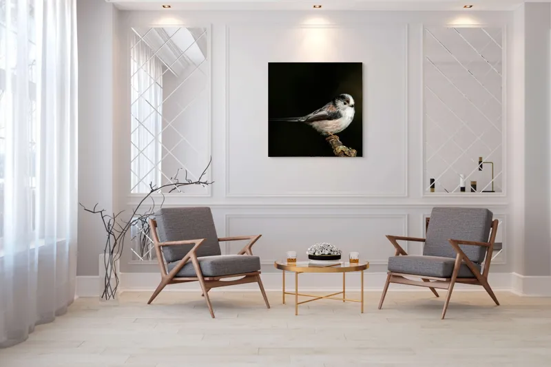 Tablou Canvas, "Mică pasăre pe o creangă uscată", Pene, Pasăre, Ramură, Întuneric, Delicat, Natură, Zbor, Contrast, Liniște, Fragilitate, 100 x 100 cm – poza 7