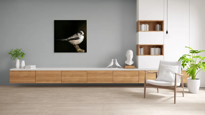 Tablou Canvas, "Mică pasăre pe o creangă uscată", Pene, Pasăre, Ramură, Întuneric, Delicat, Natură, Zbor, Contrast, Liniște, Fragilitate, 100 x 100 cm – poza 8