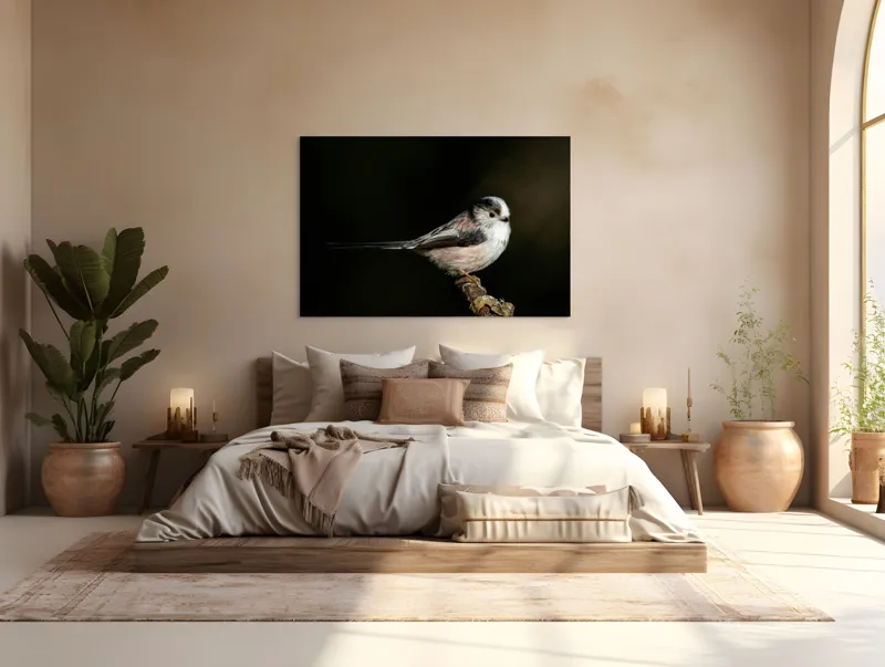 Tablou Canvas, "Mică pasăre pe o creangă uscată", Pene, Pasăre, Ramură, Întuneric, Delicat, Natură, Zbor, Contrast, Liniște, Fragilitate, 150 x 100 cm – poza 4
