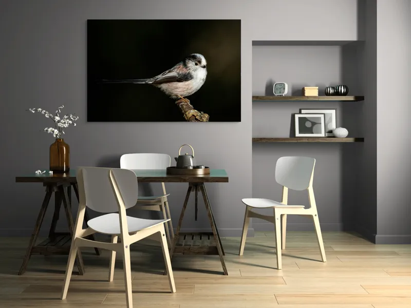 Tablou Canvas, "Mică pasăre pe o creangă uscată", Pene, Pasăre, Ramură, Întuneric, Delicat, Natură, Zbor, Contrast, Liniște, Fragilitate, 150 x 100 cm – poza 5