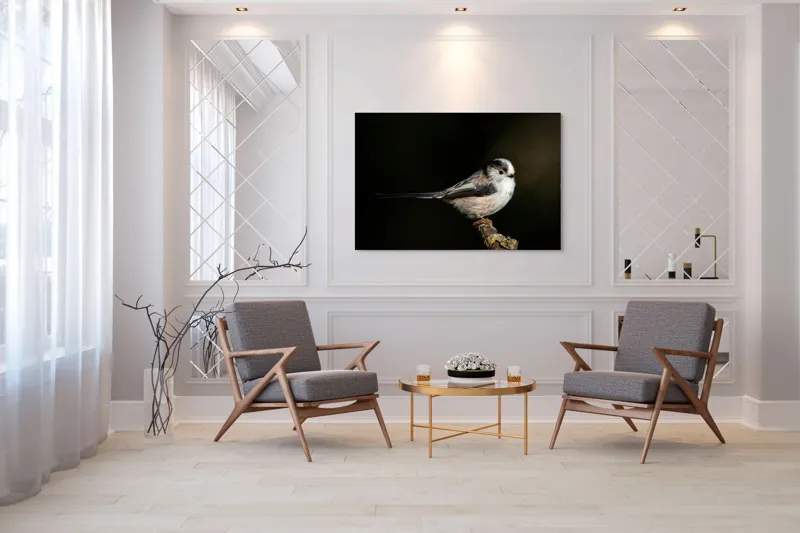 Tablou Canvas, "Mică pasăre pe o creangă uscată", Pene, Pasăre, Ramură, Întuneric, Delicat, Natură, Zbor, Contrast, Liniște, Fragilitate, 150 x 100 cm – poza 7