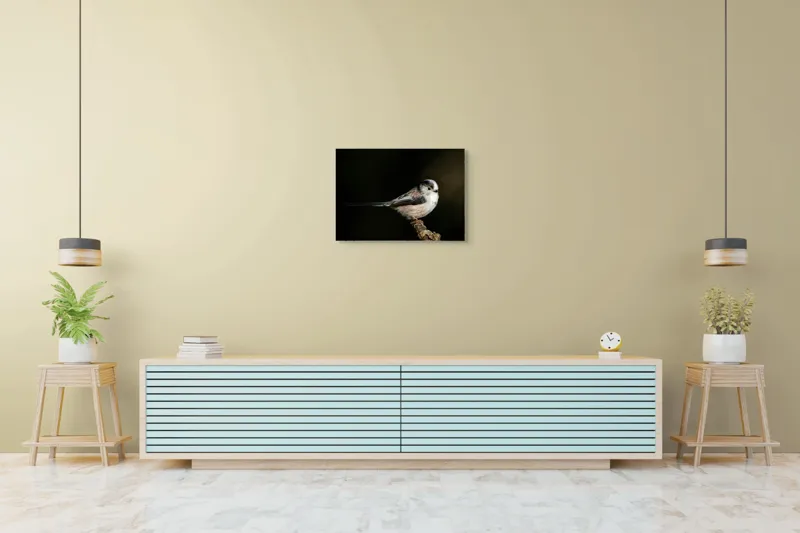 Tablou Canvas, "Mică pasăre pe o creangă uscată", Pene, Pasăre, Ramură, Întuneric, Delicat, Natură, Zbor, Contrast, Liniște, Fragilitate, 70 x 50 cm – poza 7