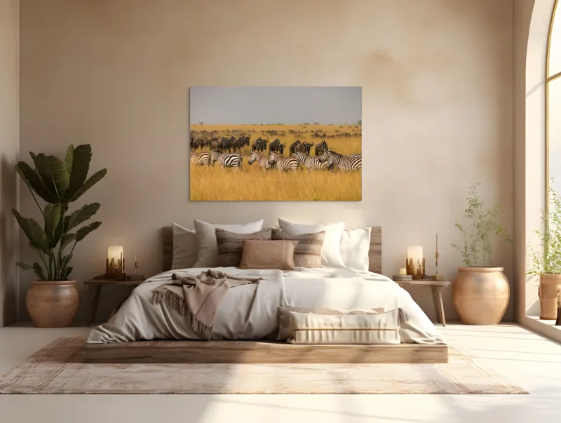 Tablou Canvas, "Migrația turmelor prin savană africană", Zebre, Gnu, Savana, Iarbă, Cer, Migrație, Turmă, Peisaj, Natură, Sălbatic., 150 x 100 cm – poza 4